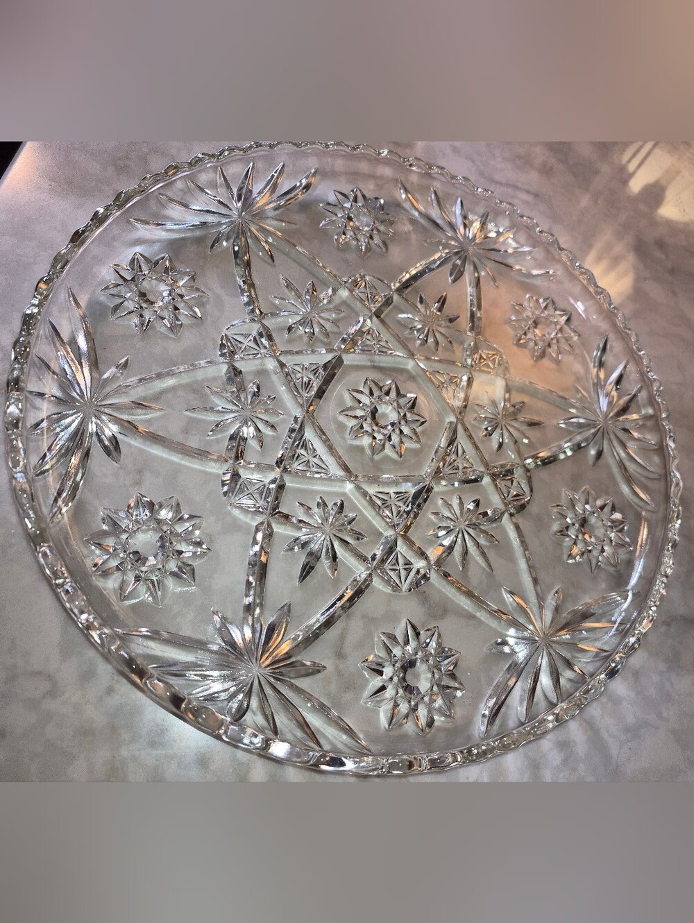 Vintage clear pressed glass  serving tray/platter w/ "Star Of David" Pattern